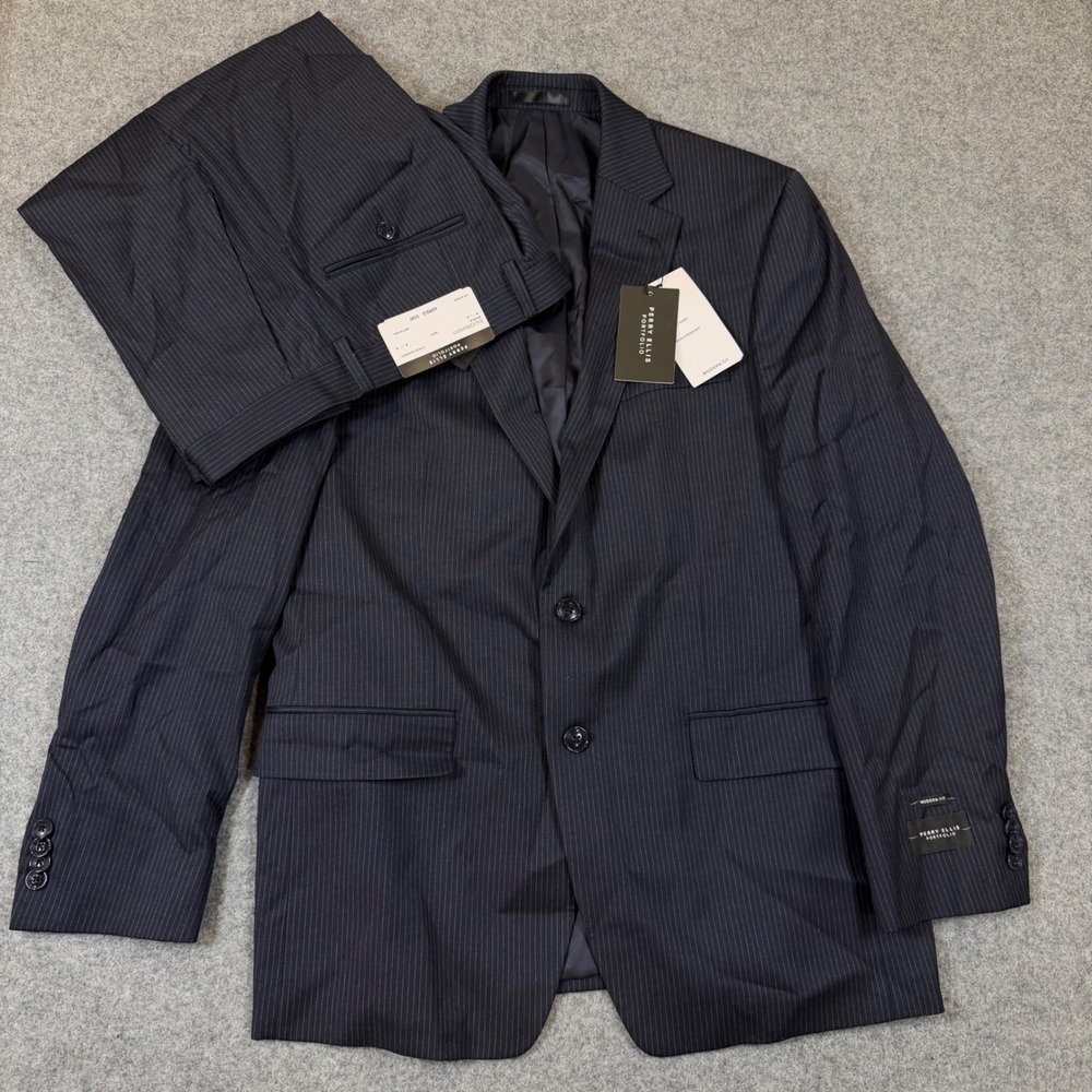 Perry Ellis Portfolio Navy Pinstripe 2 Piece Suit 40R 33W Modern Fit Eagle
